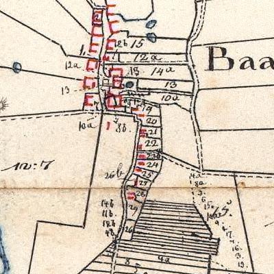 Udsnit af kort over Baag 1820 viser Baag by