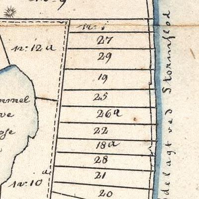 Udsnit af kort over Baag 1820 viser matriklerne kaldet Husmandshusene